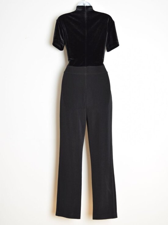 vintage 90s jumpsuit black velvet knit short slv funnel neck pantsuit romper M - Picture 6 of 8